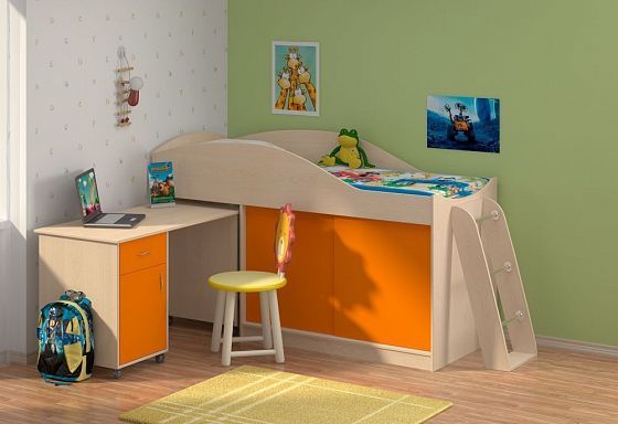 Кровать-чердак "Дюймовочка-3" - Цвет: Дуб молочный/Оранжевый