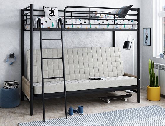 Кровать двухъярусная с диваном "Мадлен-2" (Бежевый велюр) - В интерьере, цвет: Черный