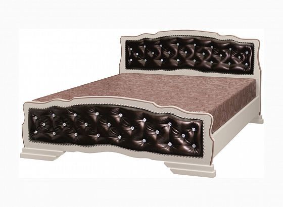 Кровать "Карина-10" с элементами экокожи 1400 мм (ламели) - Дуб молочный/Темная экокожа