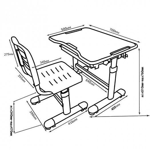 Комплект с партой и стулом "Cantare" - Схема, размеры