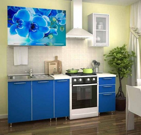 Кухня "Фотофасад Орхидея Синяя" 1,5 м - Цвет: Фотопечать Орхидея Синяя/Морской Синий