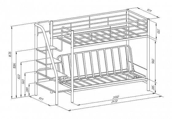 Кровать двухъярусная с диваном "Мадлен-3" (Бежевый велюр) - Схема, размеры