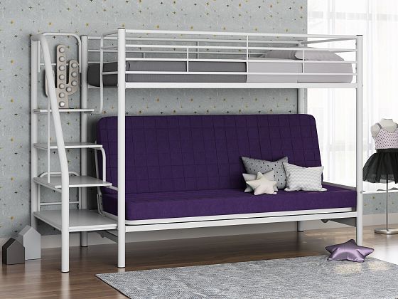 Кровать двухъярусная с диваном "Мадлен-3" (Фиолетовый велюр) - Цвет каркаса: Белый