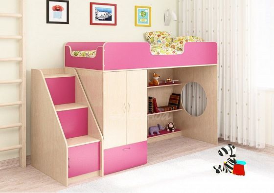 Детская кровать-чердак "Легенда 3.5" - Цвет: Венге светлый/Розовый