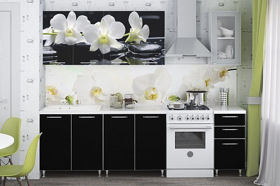 Кухня "Фотофасад Белая Орхидея" 2,0 м - Цвет: Фотопечать Белая Орхидея/Черное дерево